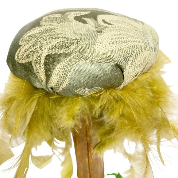 large vintage wooden green SPOOL hat holder brown feathers 11" tall - Picture 6 of 11
